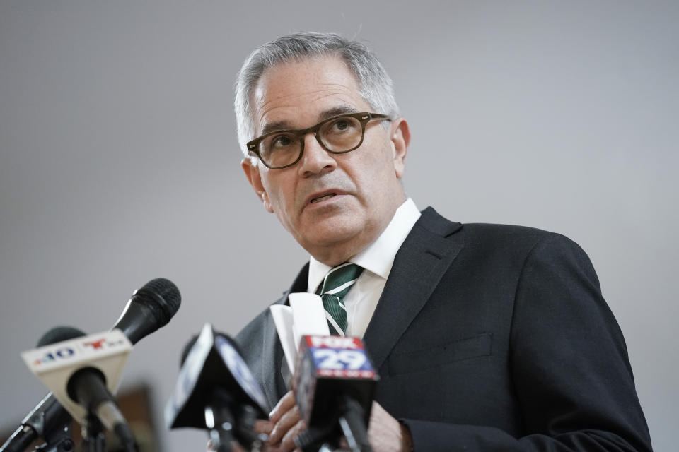 FILE - Philadelphia District Attorney Larry Krasner speaks during a news conference in Philadelphia, Monday, Jan. 31, 2022. In Pennsylvania, Republicans already voted to impeach Krasner over his progressive criminal justice policies when they controlled the state House in 2022, before it flipped to Democratic control. The impeachment trial is indefinitely stalled in the Republican-controlled Senate while Pennsylvania’s highest court considers legal challenges. (AP Photo/Matt Rourke, File)