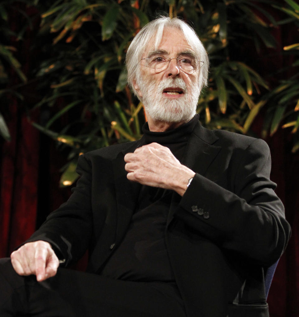 Austrian director Michael Haneke speaks during a presentation of humanistic aging research in Vienna, Austria, Wednesday, March 20, 2013. (AP Photo/Ronald Zak)