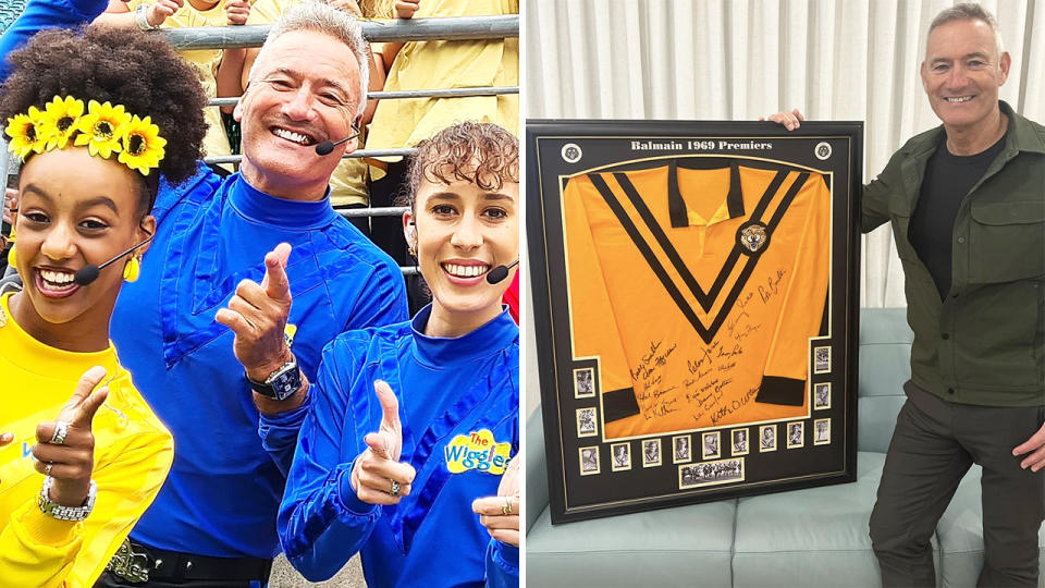 Anthony Field is pictured with the Wiggles on the left, and posing with a Balmain Tigers jumper on the right.