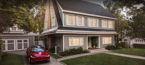 Tesla solar roof product on a home.