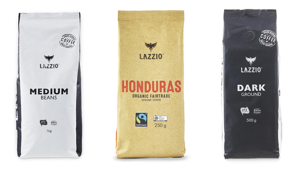 Product images of Aldi's Lazzio Medium Beans, Honduras Ground and Dark Ground