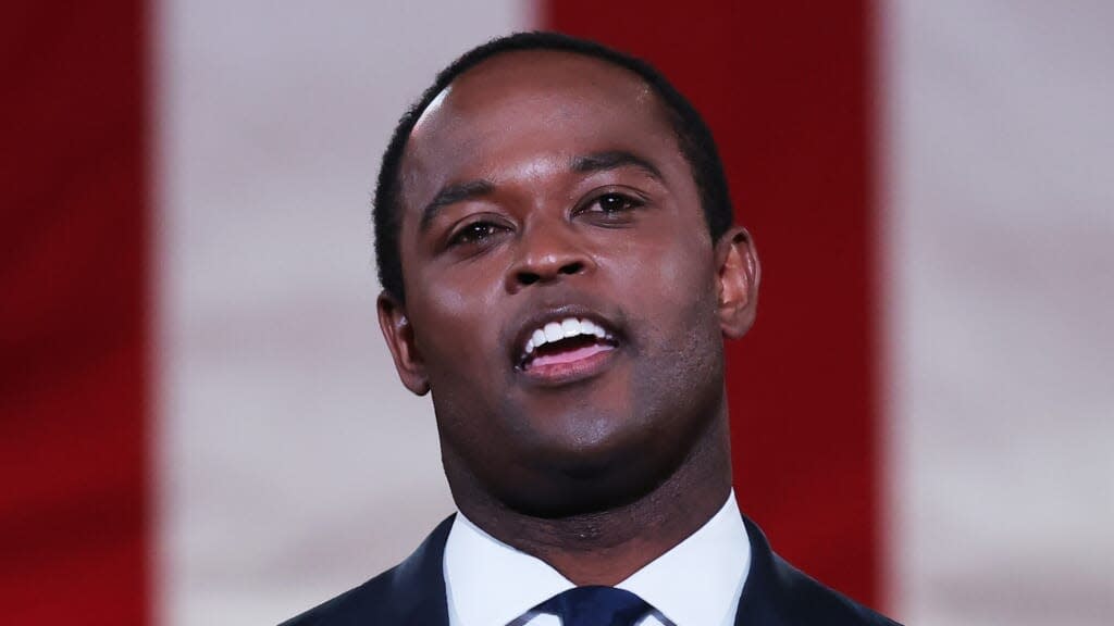 Kentucky Attorney General Daniel Cameron stands on stage in an empty Mellon Auditorium in Washington, D.C. while addressing the Republican National Convention in August. (Photo by Chip Somodevilla/Getty Images)