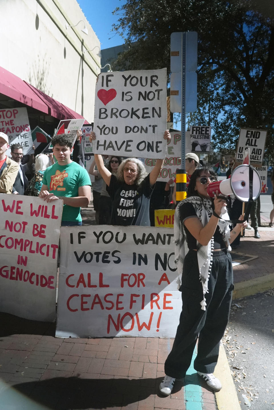 Pro-Palestinian protesters outside of the Fox Theater, moments after first lady Jill Biden delivered remarks in Tucson, Ariz., on Saturday. (Alex Tabet / NBC News)