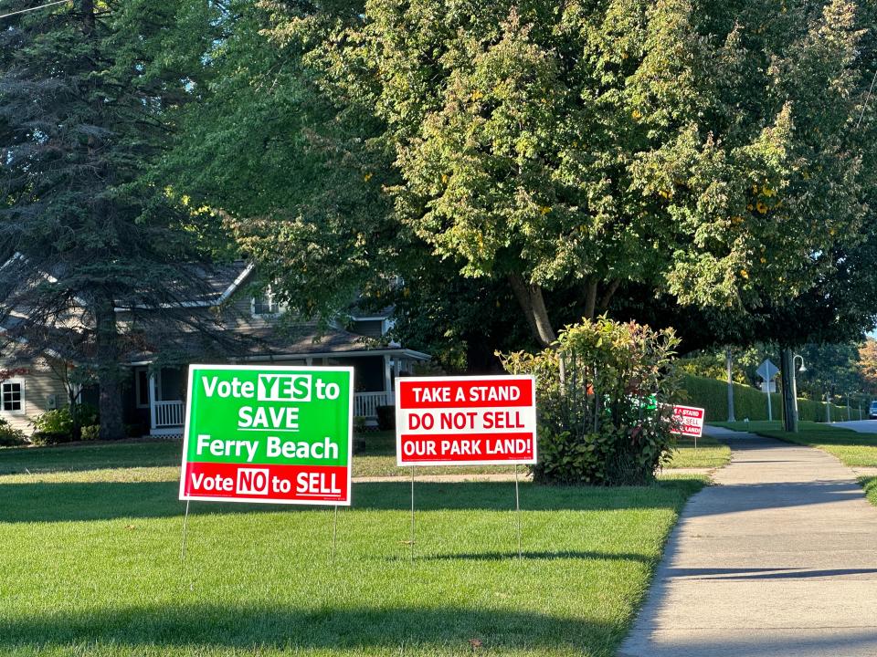 Competing yard signs debate whether the 229 Stover Road property in Charlevoix should be used for housing or a park.