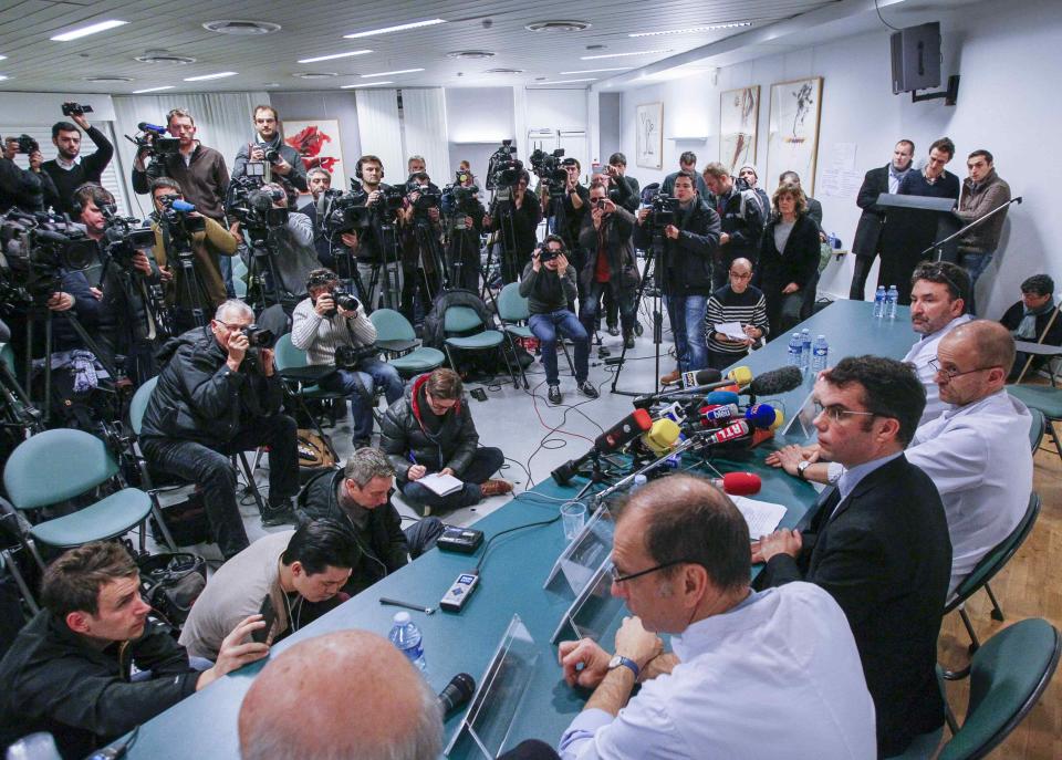 Jean-Francois Payen, head anaesthetician at the CHU hospital, attends a news conference at the CHU Nord hospital emergency unit in Grenoble, French Alps