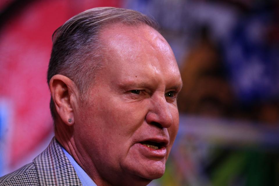 Former Tottenham Hotspur and England footballer Paul Gascoigne  poses upon arrival to attend the World Premiere of ROBBO: The Bryan Robson Story, in Manchester, northern England on November 25, 2021. (Photo by Lindsey Parnaby / AFP) (Photo by LINDSEY PARNABY/AFP via Getty Images)