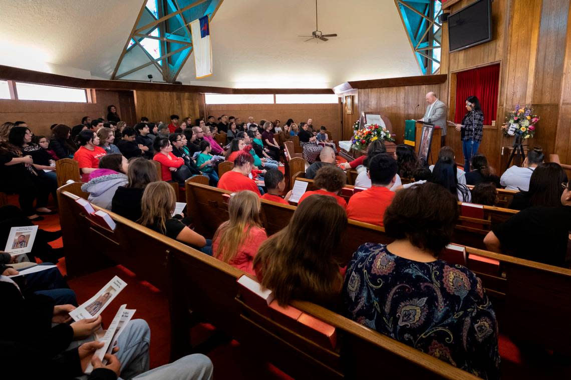 Pews are filled grieving family members and friends during a funeral for Zechariah Trevino in Waurika, Oklahoma, on Saturday, Jan. 28, 2023. Trevino, killed by gun violence in Fort Worth on Jan. 20, was remembered as a loving, funny person throughout the service.