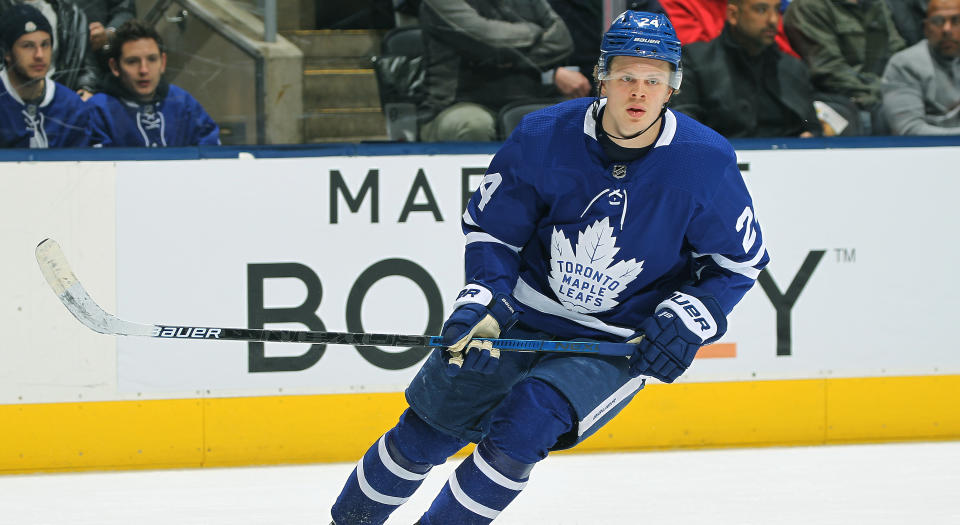 TORONTO, ON - JANUARY 16:  Kasperi Kapanen #24 of the Toronto Maple Leafs skates against the Calgary Flames during an NHL game at Scotiabank Arena on January 16, 2020 in Toronto, Ontario, Canada. The Flames defeated the Maple Leafs 2-1 in a shoot-out. (Photo by Claus Andersen/Getty Images)