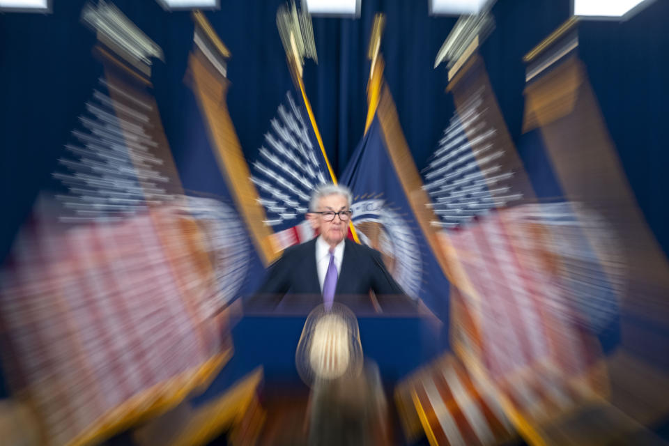 File - In this photo made with a slow shutter speed, Federal Reserve Board Chair Jerome Powell speaks during a news conference on Dec. 13, 2023, in Washington. Confidence is growing among Federal Reserve officials and many economists that high interest rates and healed supply chains will soon defeat inflation. (AP Photo/Alex Brandon, File)