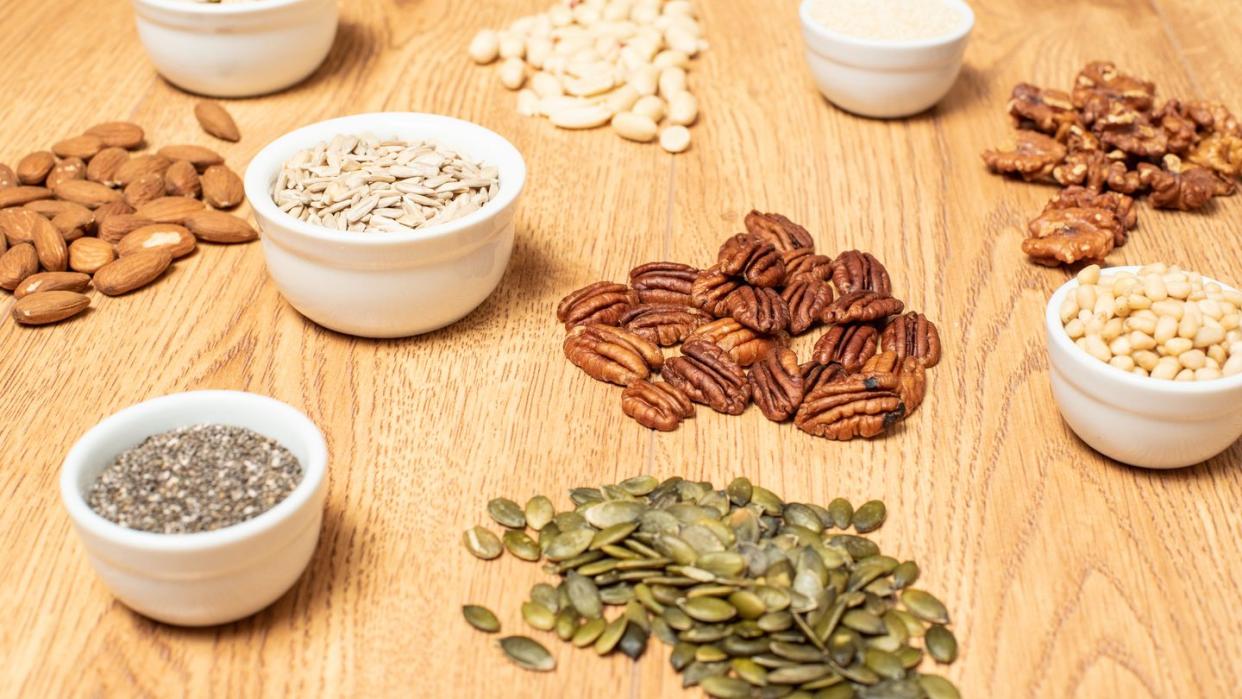 nuts and seeds on a table