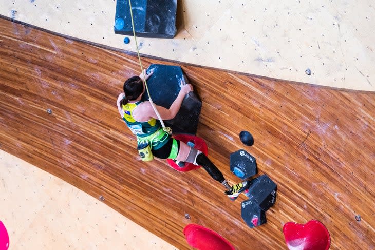 <span class="article__caption">Sarah Larcombe of Australia competes in the women’s Paraclimbing AL2 final at The Front Climbing Club during the 2022 IFSC Paraclimbing World Cup in Salt Lake City.</span> (Photo: Daniel Gajda/IFSC)