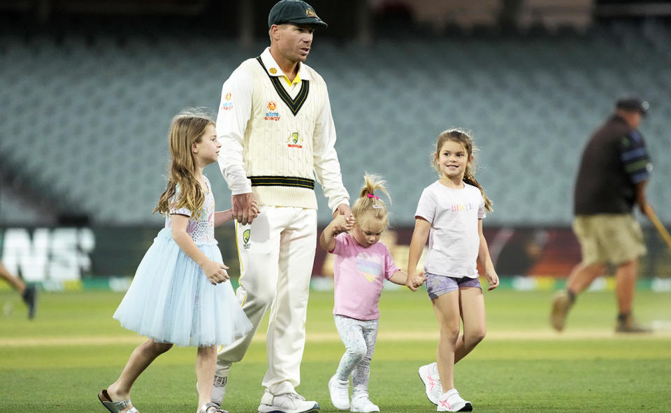 David Warner, pictured here with his three daughters in 2021.