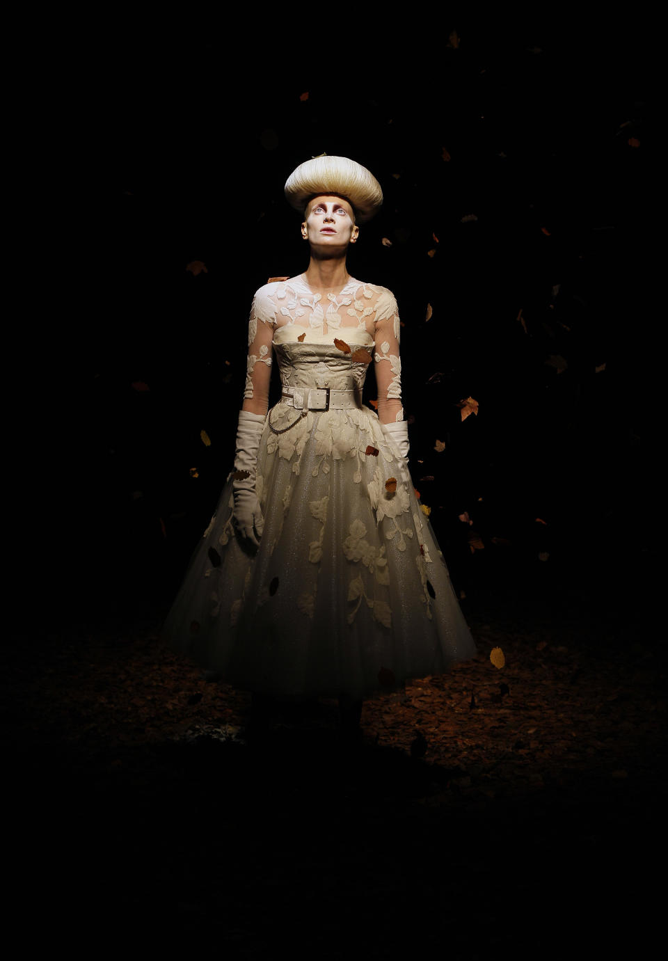 A model displays a creation by designer McQ Alexander McQueen during a fashion show at London Fashion Week, Monday, Feb. 20, 2012. (AP Photo/Kirsty Wigglesworth)