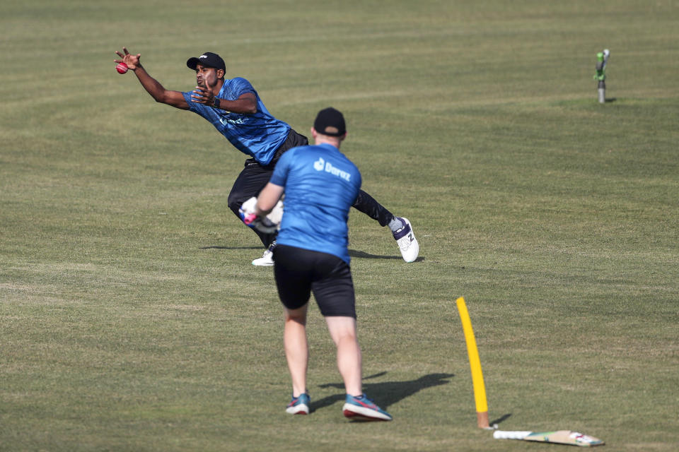 Bangladesh's Rejaur Rahman Raja during a training session ahead of their first test cricket match against India in Chattogram, Bangladesh, Monday, Dec. 12, 2022. (AP Photo/Surjeet Yadav)