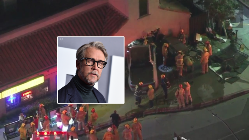 According to TMZ, actor Alan Ruck’s Rivian collided with the back of a car in Hollywood and eventually slammed into the wall of a pizza restaurant. Oct. 31, 2023. (KTLA/AP)