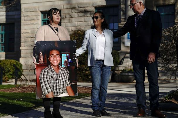 PHOTO: Family members of environmental activist Manuel Teran hold a photo of Teran during a press conference, Feb. 6, 2023,in Decatur, Ga. (Cheney Orr/AFP via Getty Images)