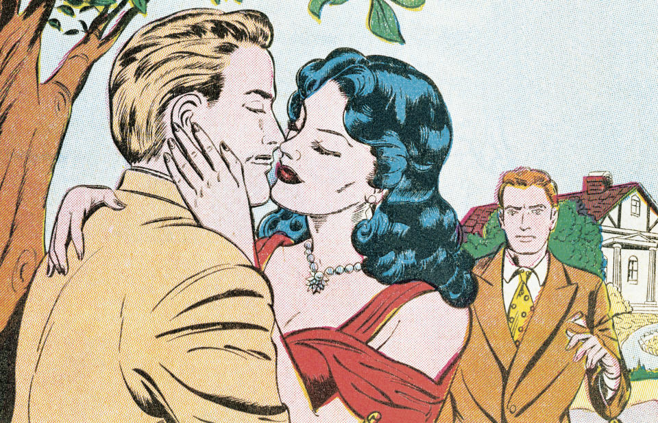 A cartoon of a woman and man about to kiss