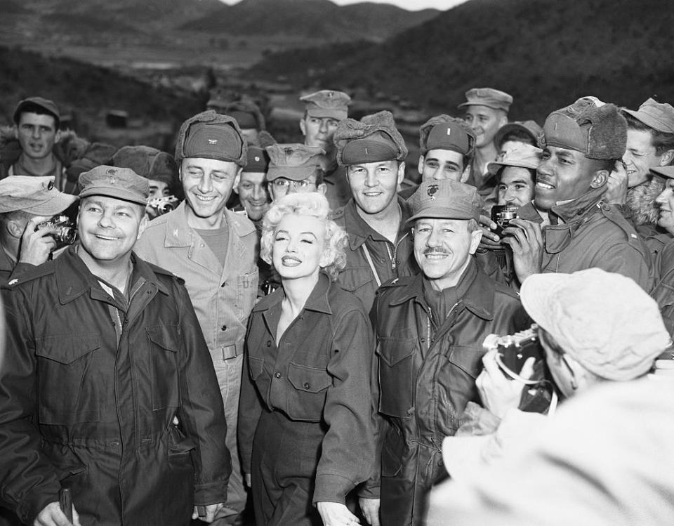 <p>Marilyn visited the troops in Korea during the Korean War. As you would imagine, her presence was celebrated by service members and the press alike. </p>