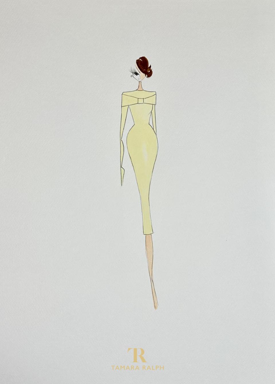 A sketch of the pastel lemon yellow silk crepe tailored pencil dress for Queen Rania of Jordan by Tamara Ralph Couture.