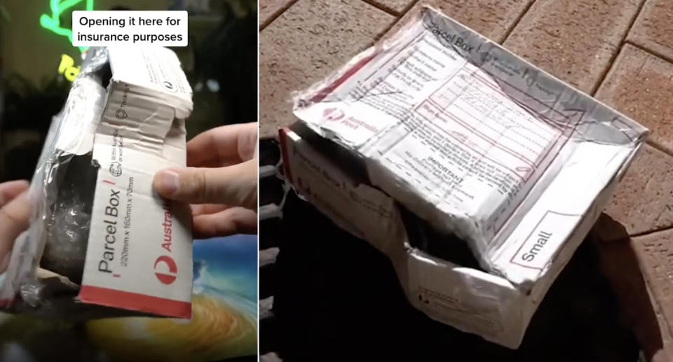 Two pictures showing the crushed state of the Australia Post box after it was received by the customer.