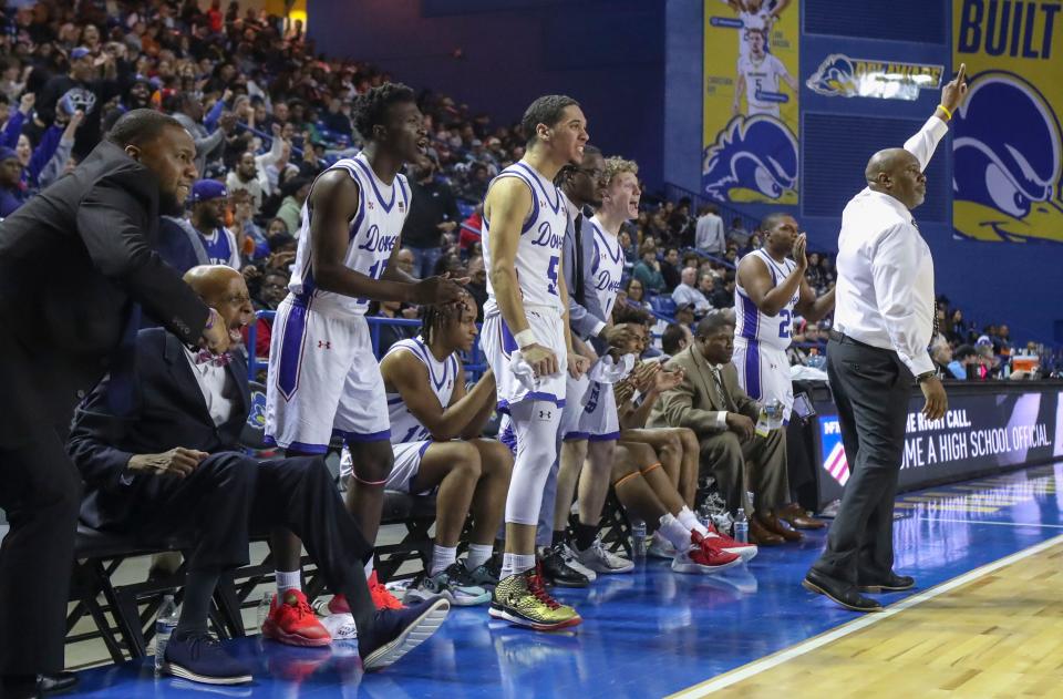 The Middletown bench reacts in the second half of the Senators' 59-53 win against Middletown in their DIAA state tournament semifinal at the Bob Carpenter Center, Thursday, March 7, 2024.