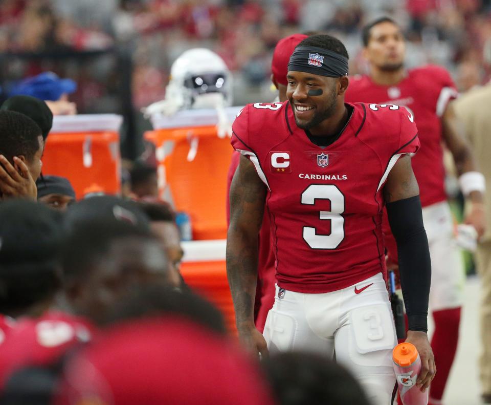 Arizona Cardinals safety Budda Baker (3) talks with teammates during the fourth quarter against the Houston Texans in Glendale, Ariz. Oct. 24, 2021.