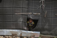 A Rohingya refugee boy looks through a torn blanket used as a partition at a makeshift camp on the outskirts of Jammu, India, Sunday, March 7, 2021. Authorities in Indian-controlled Kashmir have sent at least 168 Rohingya refugees to a holding center in a process which they say is to deport thousands of the refugees living in the region. (AP Photo/Channi Anand)