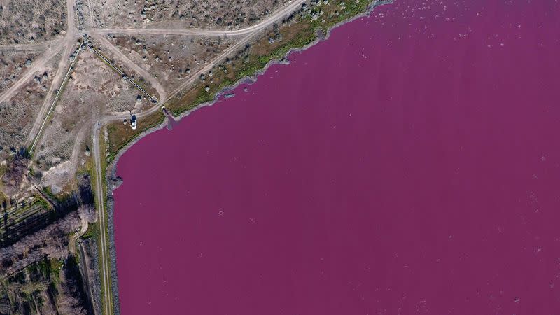 Vista de lagunas de color rosa en la provincia argentina de Chubut, ambientalistas apuntan a industria pesquera