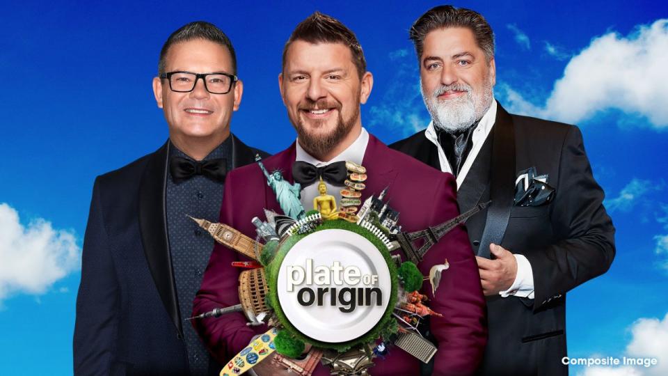 A photo of Plate Of Origin co-hosts Gary Mehigan, Manu Feildel and Matt Preston.