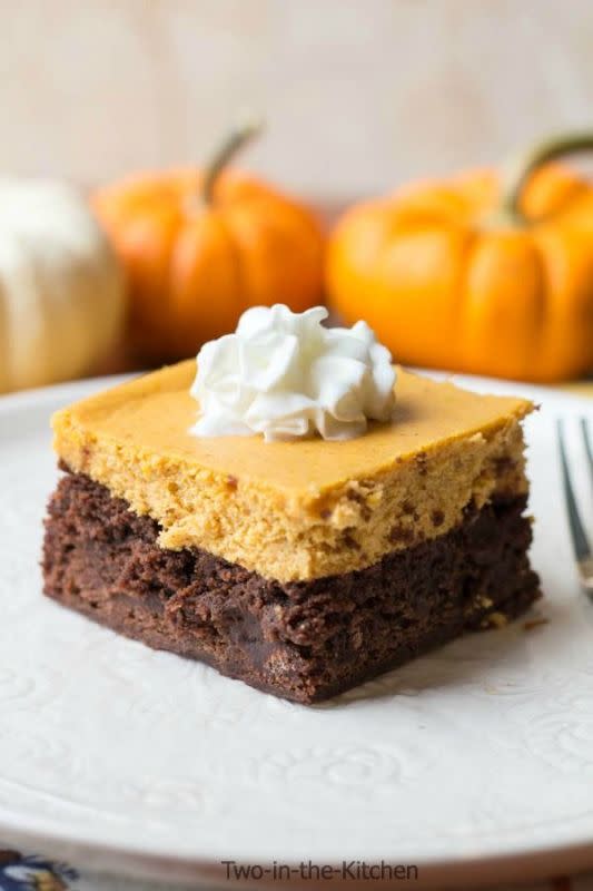 <p>Two In The Kitchen</p><p>They are the perfect fall treat. Pumpkin and chocolate work amazingly together! </p><p><strong>Get the recipe: <a href="http://two-in-the-kitchen.com/pumpkin-cheesecake-brownies/" rel="nofollow noopener" target="_blank" data-ylk="slk:Pumpkin Cheesecake Brownies;elm:context_link;itc:0;sec:content-canvas" class="link ">Pumpkin Cheesecake Brownies</a></strong></p>