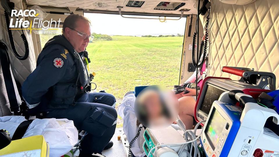 The Bundaberg RACQ LifeFlight Rescue helicopter crew flew the girl to hospital, after she was bitten by a dingo at K’gari. Picture: Supplied