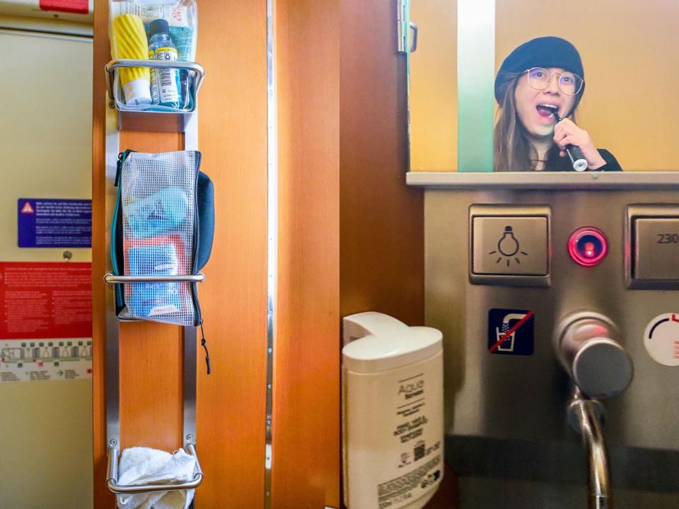 Left: Toiletries are stored in a wooden shelf Right: The author is seen brushing her teeth in a mirror above a faucet