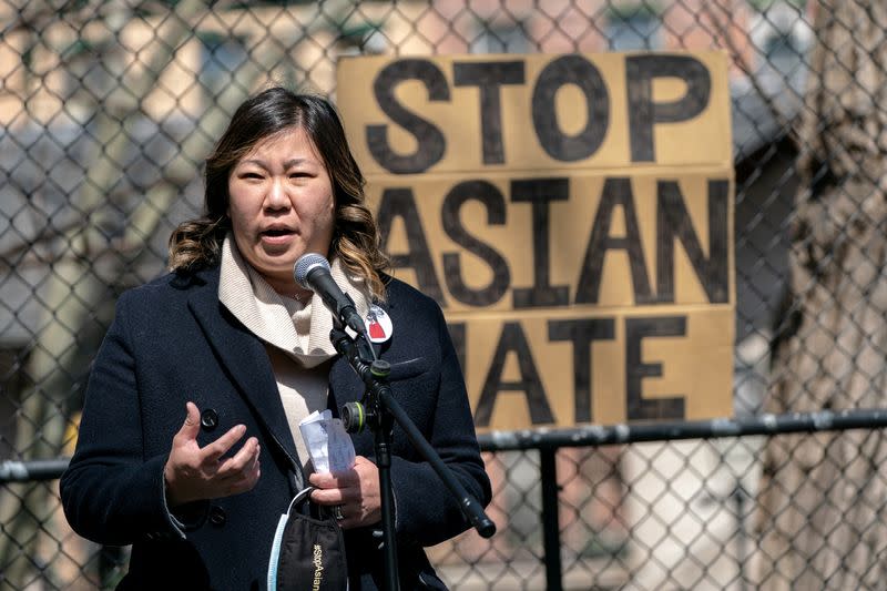 FILE PHOTO: Congresswoman Grace Meng speaks during a Stop Asian Hate rally at Columbus Park in New York