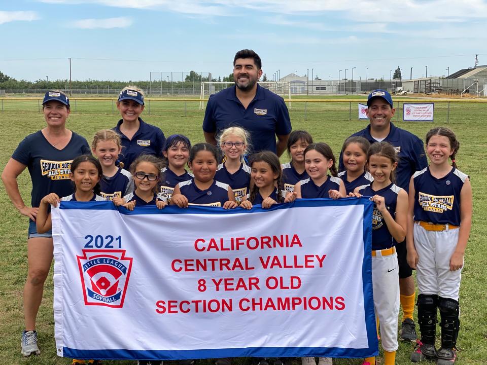 The Sequoia Softball 8U all-star team, of Visalia, captured the Little League Central Valley Section Softball Championship on July 3rd, defeating Turlock National. This was the first time the Central Valley Section held an all-star tournament for the 8U softball division. The championship team, front row, left to right: Yesmina Briceno, Maeve Blaco, Evalyn Fraticelli, Alexis-Rose Esqueda, Rebecca Reynoso, Addison Cooper; middle row, left to right: Jane Newell, Poppy Gomez, Emilyn Dillon, Sophia Bartolotti, Jayla Padilla, Erica Quinley; back row, left to right: coaches Joleen Quinley, Jennifer Newell, Eric Gomez and Rodney Blaco.