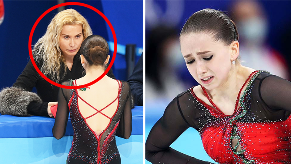 Russian coach Eteri Tutberidze (pictured left) speaking to Kamila Valieva and (pictured right) Valieva crying while skating.