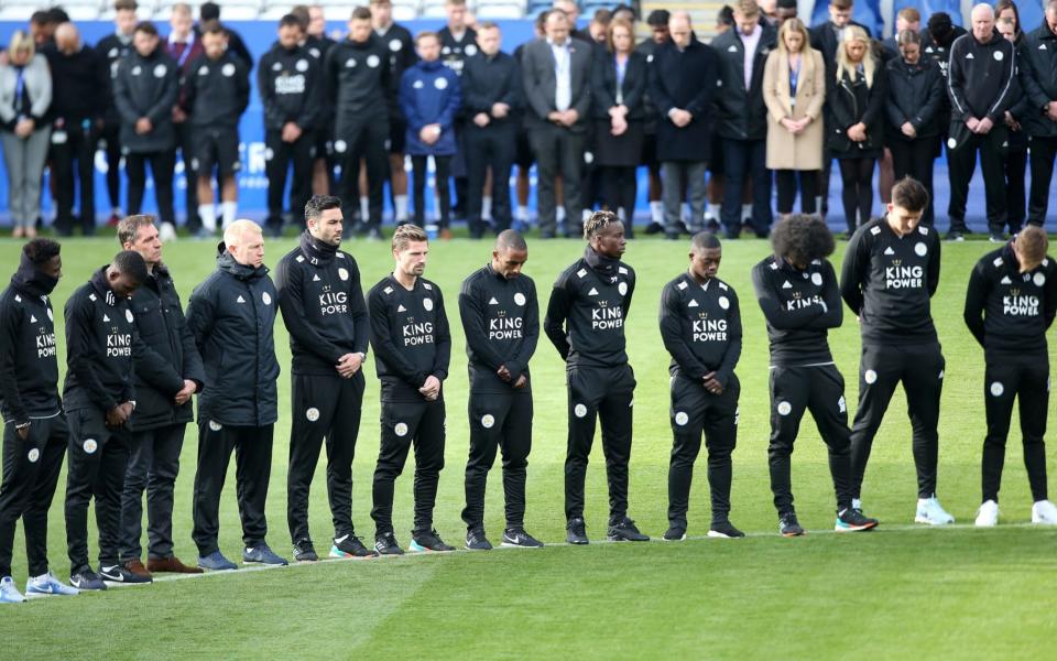 Leicester City's players gathered on the King Power pitch on Monday to pay tribute to the five people who died - Leicester City FC