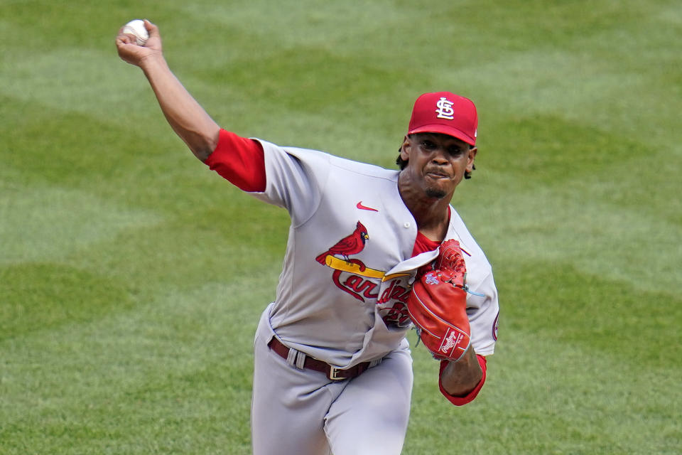 FILE - St. Louis Cardinals relief pitcher Alex Reyes delivers during the ninth inning of a baseball game against the Pittsburgh Pirates in Pittsburgh on Aug. 12, 2021. Reyes finalized a $1.1 million contract on Thursday, Feb. 16, 2023, with the Los Angeles Dodgers. (AP Photo/Gene J. Puskar, File)