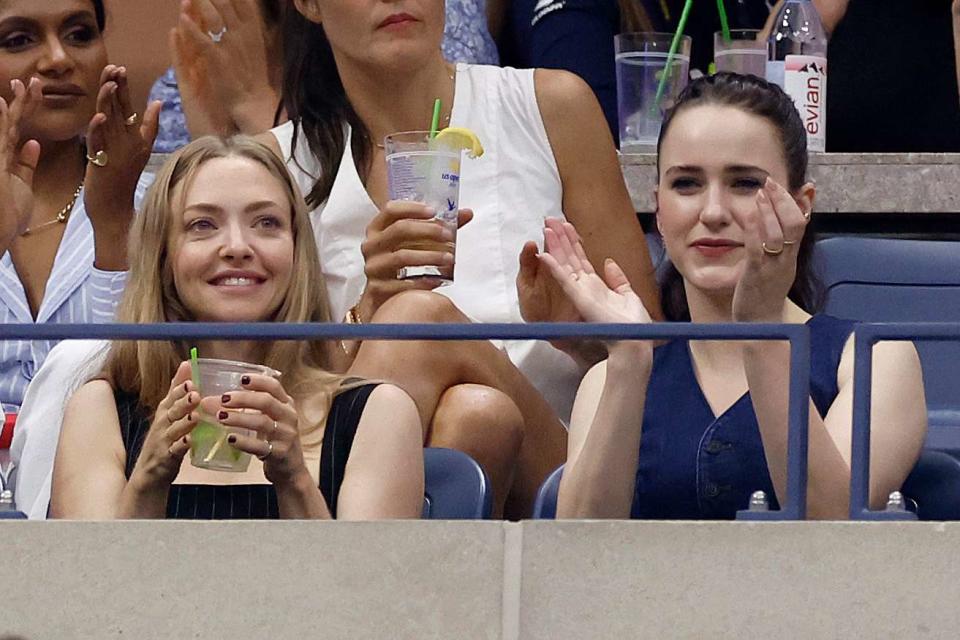 <p>Sarah Stier/Getty</p> Amanda Seyfried & Rachel Brosnahan