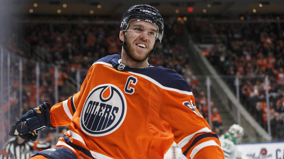 Edmonton Oilers' Connor McDavid (97) celebrates a goal. (THE CANADIAN PRESS/Jason Franson)