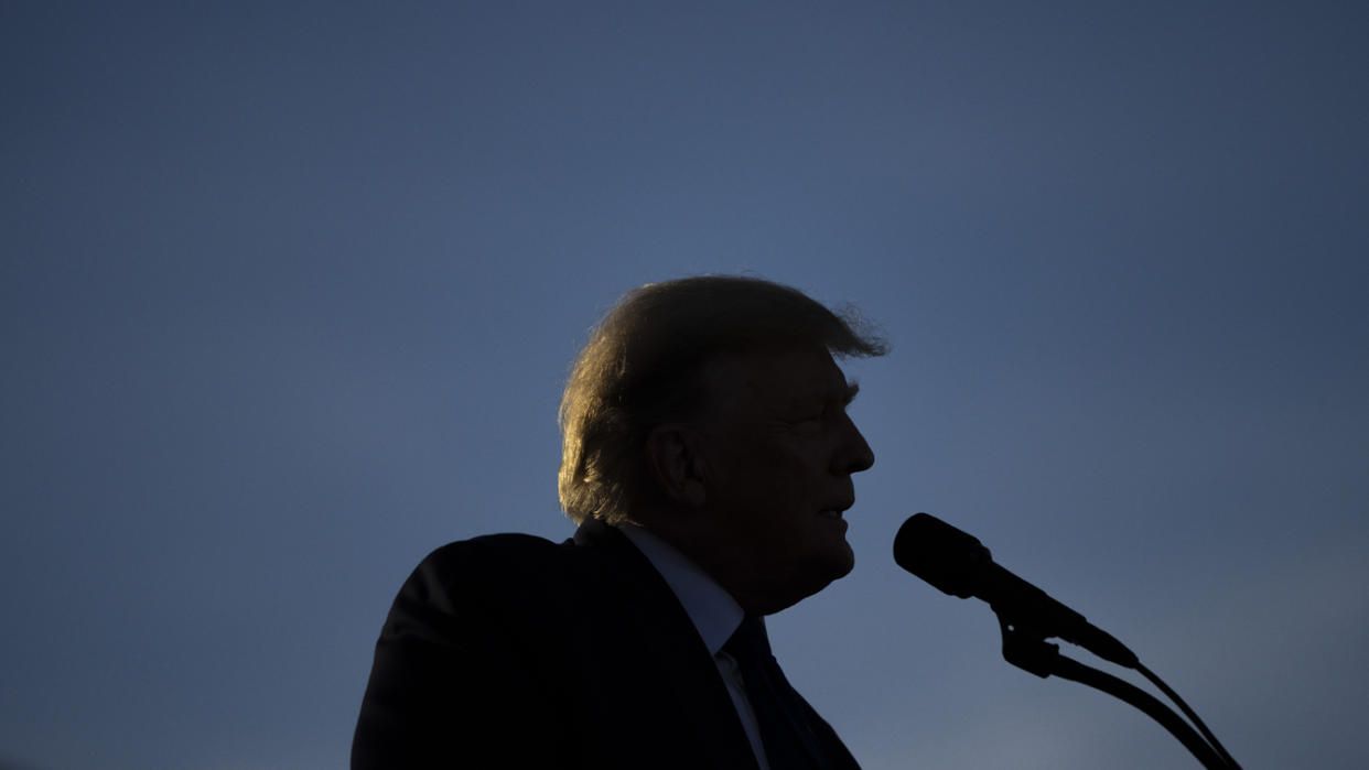 Former President Donald Trump speaks into a microphone at an outdoor rally.