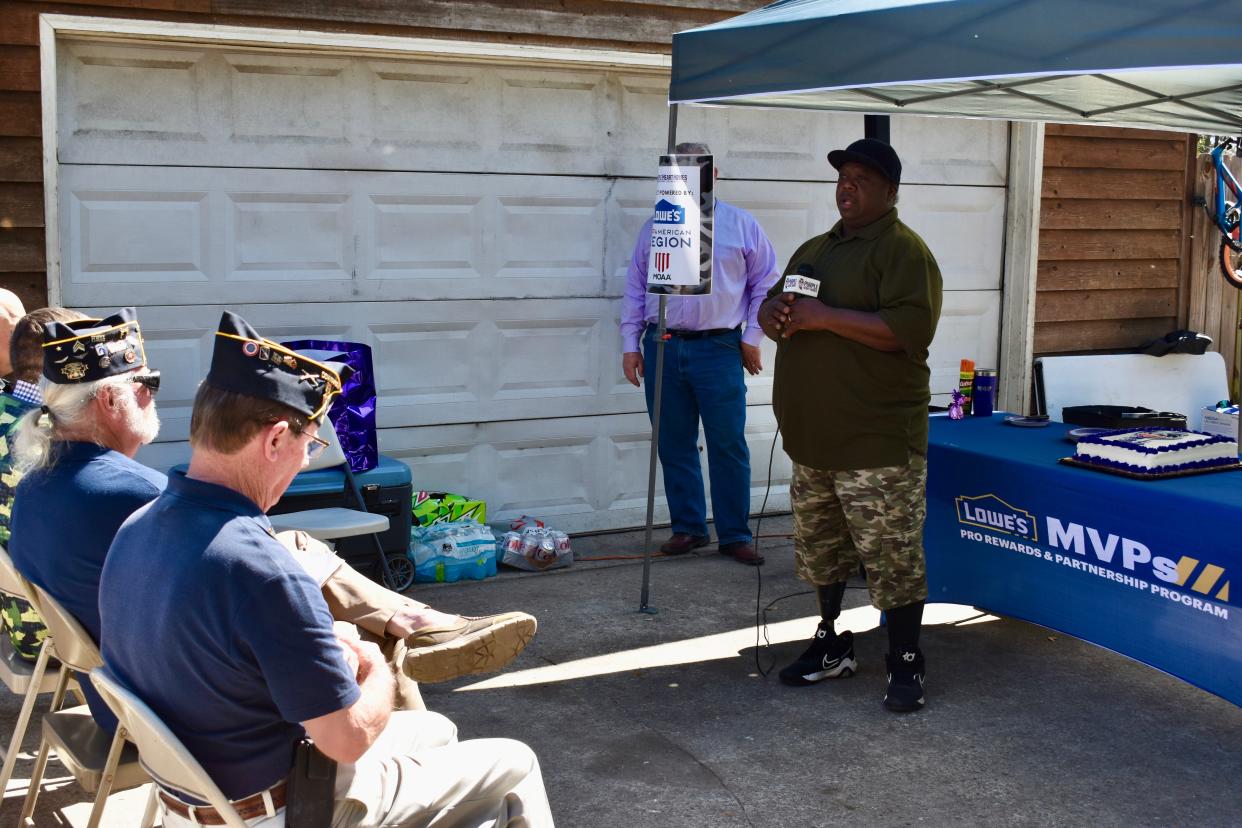 Freddie Smith, a U.S. Army veteran, speaks at a "Mission Complete Ceremony" outside his Leland home on Monday, March 6, 2023. Home damages tracing back to Hurricane Florence were recently completed, thanks to efforts from local and state organizations.