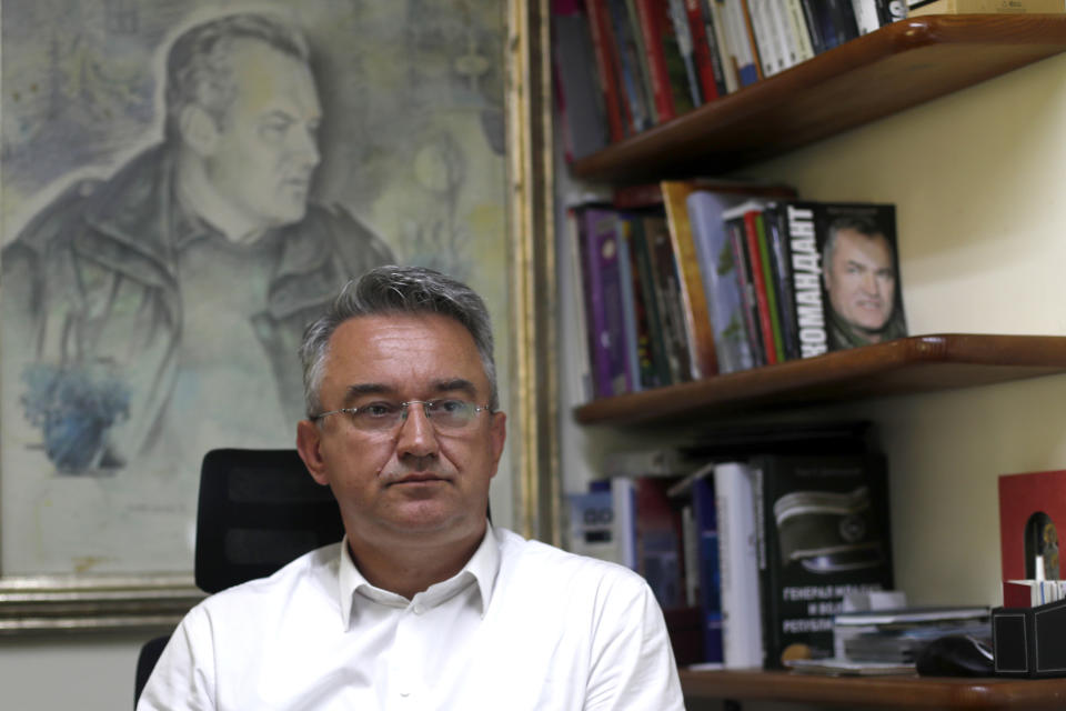 Darko Mladic, son of Gen. Ratko Mladic listens to a question during an interview with the Associated Press in Belgrade, Serbia, Wednesday, May 26, 2021. U.N. judges on Tuesday, June 8 deliver their final ruling on the conviction of former Bosnian Serb army chief Radko Mladic on charges of genocide, war crimes and crimes against humanity during Bosnia’s 1992-95 ethnic carnage. Nearly three decades after the end of Europe’s worst conflict since World War II that killed more than 100,000 people, a U.N. court is set to close the case of the Bosnian War’s most notorious figure. (AP Photo/Darko Vojinovic)