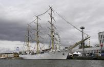 Polish ship Dar Mlodziezy during the opening day of the Tall Ships Races event in Helsinki, Finland, Thursday July 4, 2024. Dozens of impressive classic sailing vessels from 13 different countries currently plying the Baltic Sea arrived at the Finnish capital on Thursday at the end of the first leg of the Tall Ships Races that kicked off from the Lithuanian port city of Klaipeda late June. (Aada Pet'j'/Lehtikuva via AP)