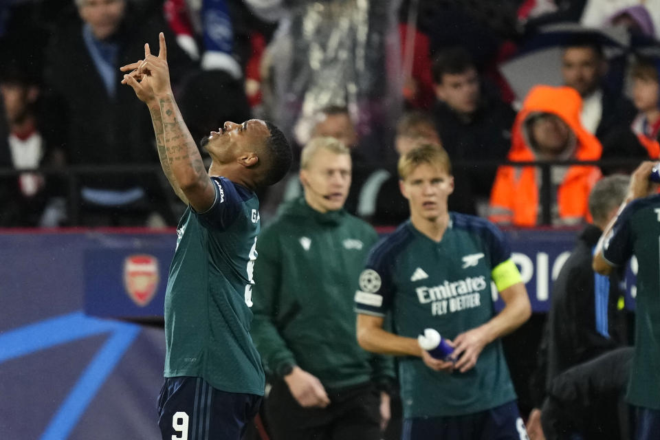 Arsenal's Gabriel Jesus celebrates after scoring his sides second goal during the Champions League Group B soccer match between Sevilla and Arsenal at the Ramon Sanchez-Pizjuan stadium in Seville, Spain, Tuesday Oct. 24, 2023. (AP Photo/Jose Breton)