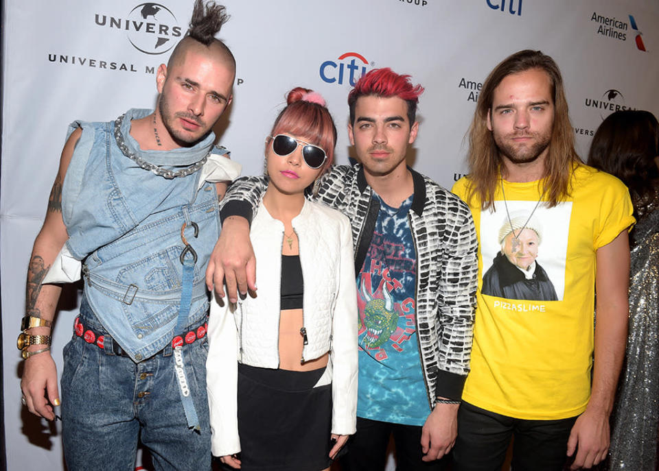 Joe Jonas, second from right, and DNCE attend Universal Music Group’s 2016 Grammy afterparty presented by American Airlines and Citi at The Theatre at Ace Hotel. (Jason Kempin/Getty Images)