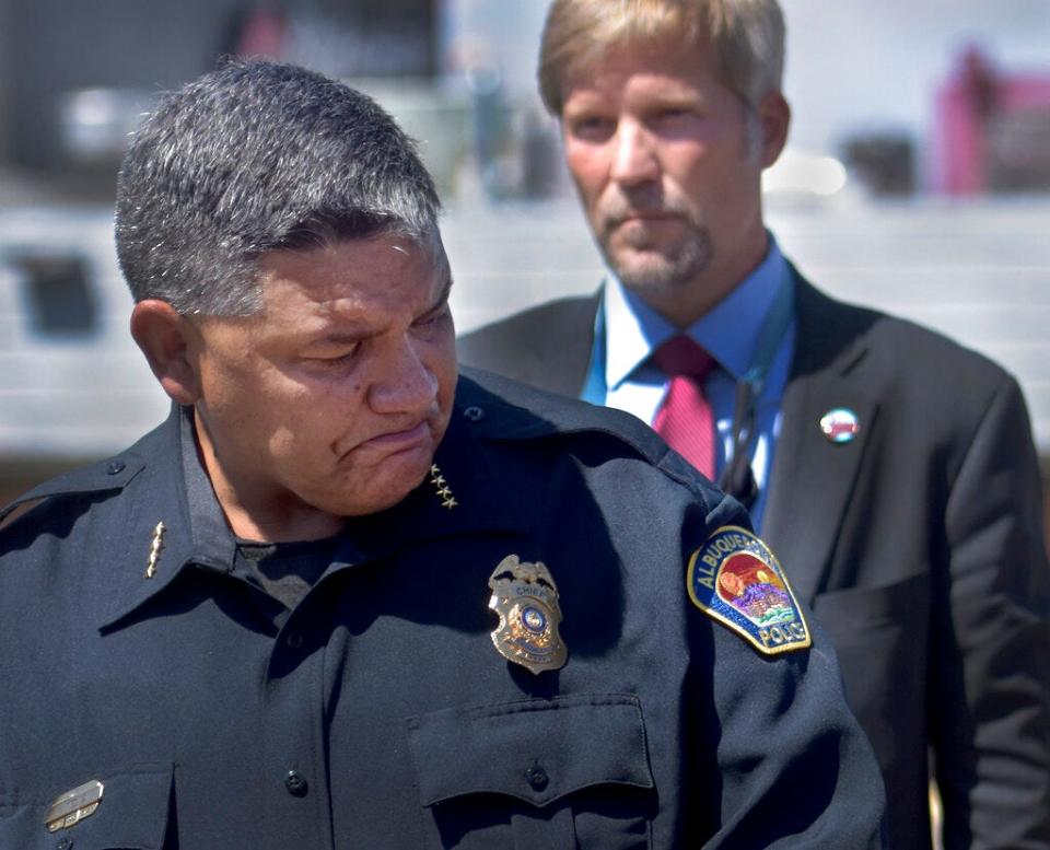 Albuquerque Police Department Police Chief Harold Medina reacts as he relays details of a shootout that left multiple officers injured in northeast Albuquerque, N.M. on Thursday, Aug. 19, 2021.