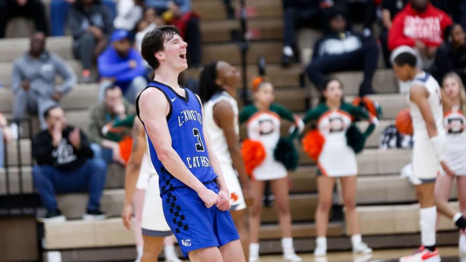 Lexington Catholic’s Tyler Doyle celebrates his buzzer-beating 3-pointer to end the first half against Frederick Douglass in the 11th Region semifinals at Paul Laurence Dunbar on March 9. Doyle has been named 2024 Lexington Player of the Year.