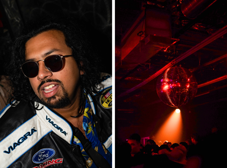 A diptych of two images, one a portrait of a man in a viagra jacket and the other of a disco ball.