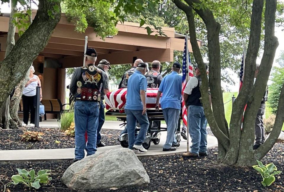 Dozens of people attended the funeral of local Marine veteran James Brooks at the Dayton National Cemetery Thursday. Brooks died at the Dayton VA recently, but had no known family members. (Xavier Hershovitz/Staff)