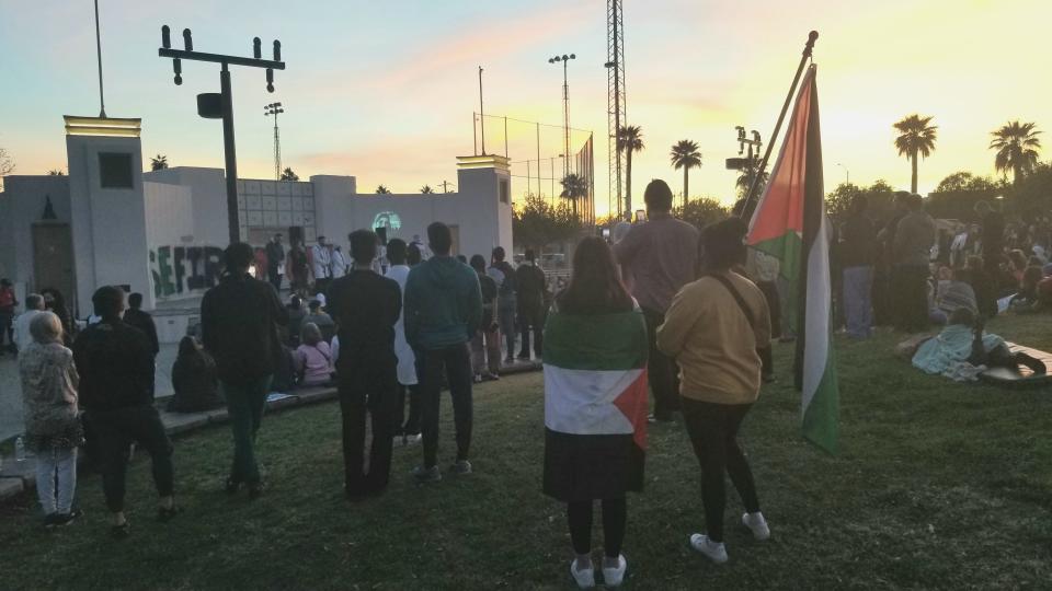 Crowd is seen gathered at Sunday, Dec. 3, 2023 at Eastlake Park in Phoenix during a pro-Palestine rally